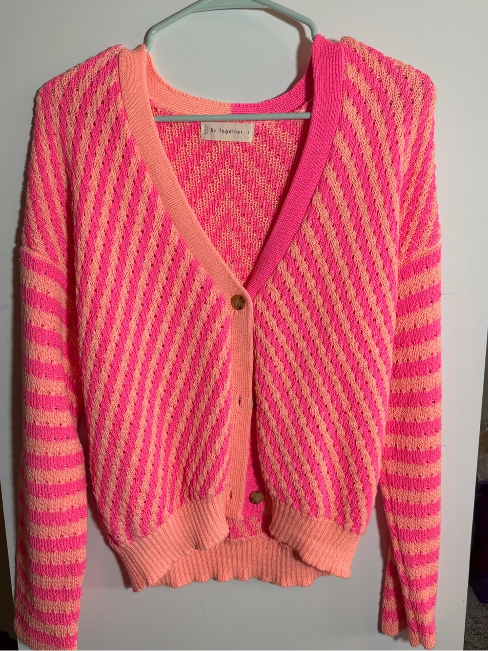 By Together Neon Pink and Coral Striped Knit Cardigan